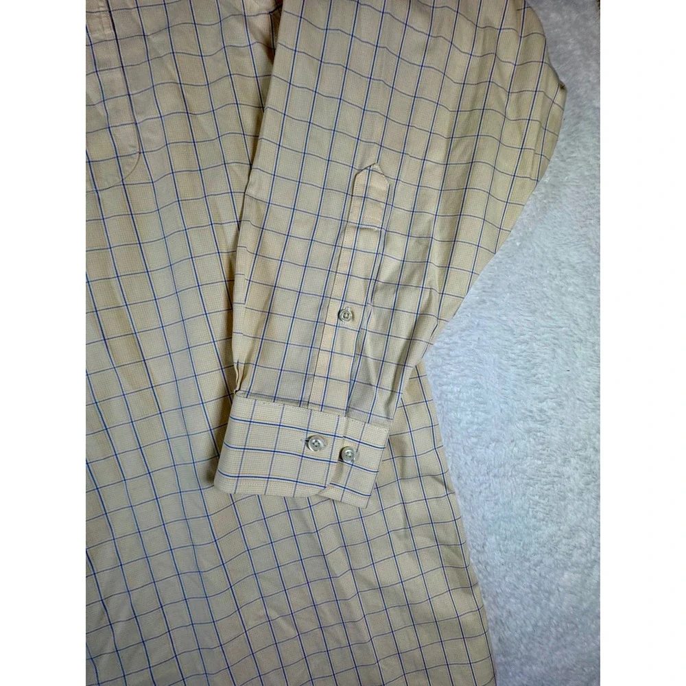 Brooks Brothers Dress Shirt Mens 18 6/7 Yellow Windowpane Check Non-Iron‎ Cotton